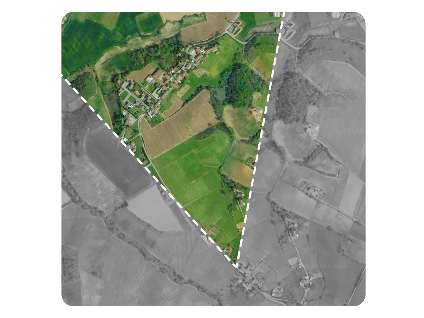 Vista aerea di Bosnasco: il tratteggio bianco indica il cono visuale dal vigneto di Fratelli Bernini verso il borgo