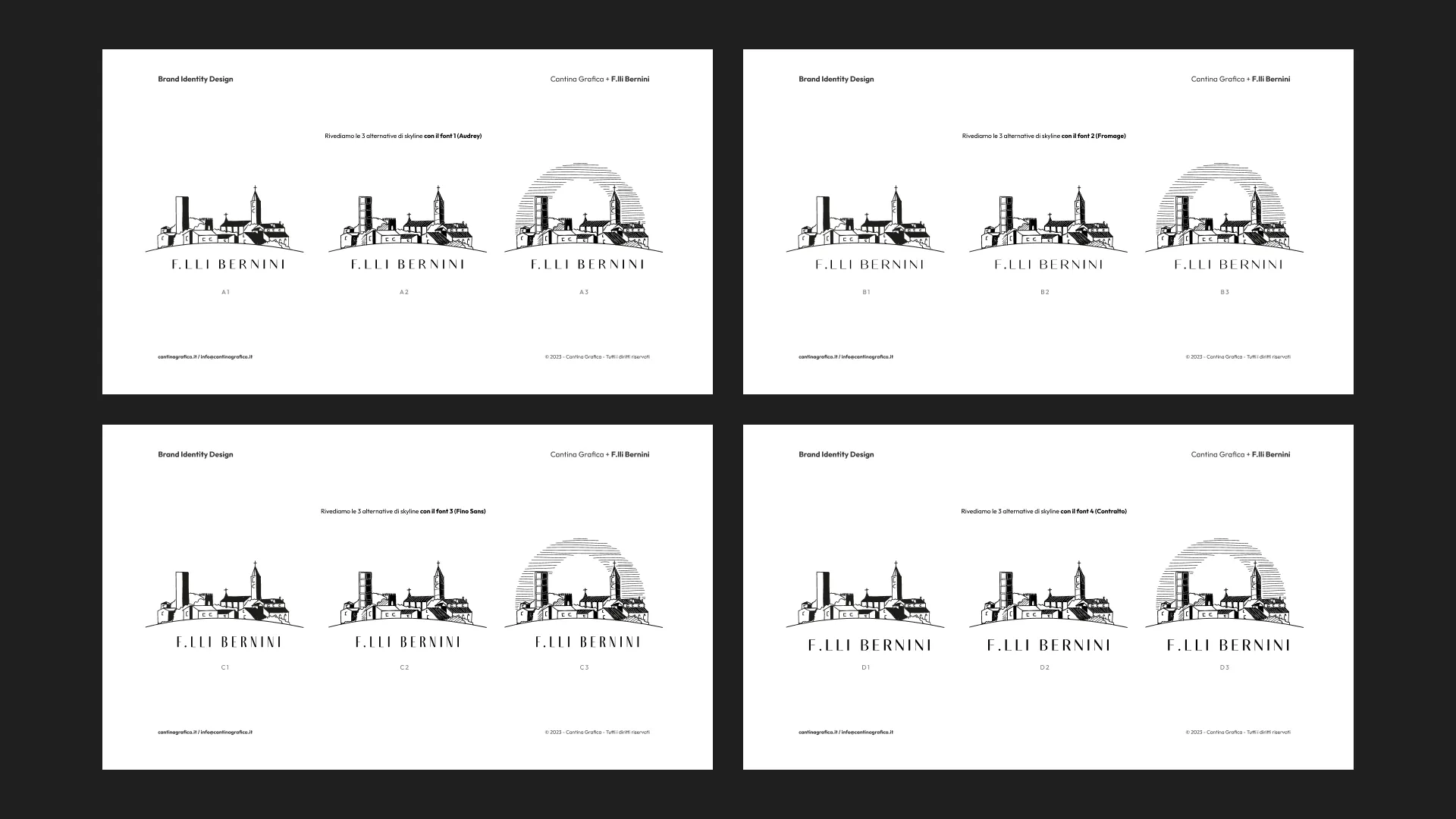 Le combinazioni di logo presentate ai Fratelli Bernini: tre varianti del profilo di Bosnasco abbinate a quattro famiglie tipografiche