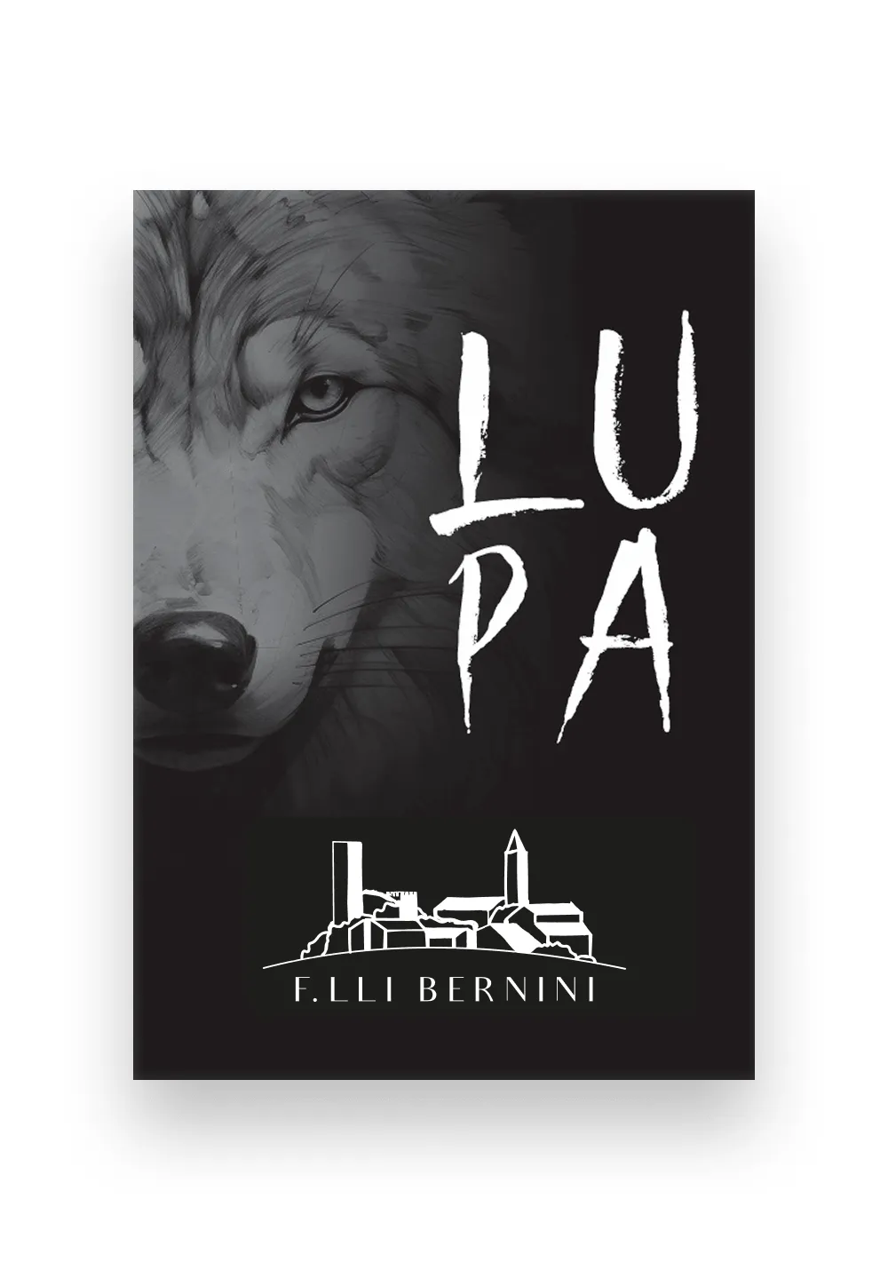 Il fronte dell'etichetta Lupa: il muso di una lupa in bianco e nero e il nome del vino in caratteri disegnati a mano