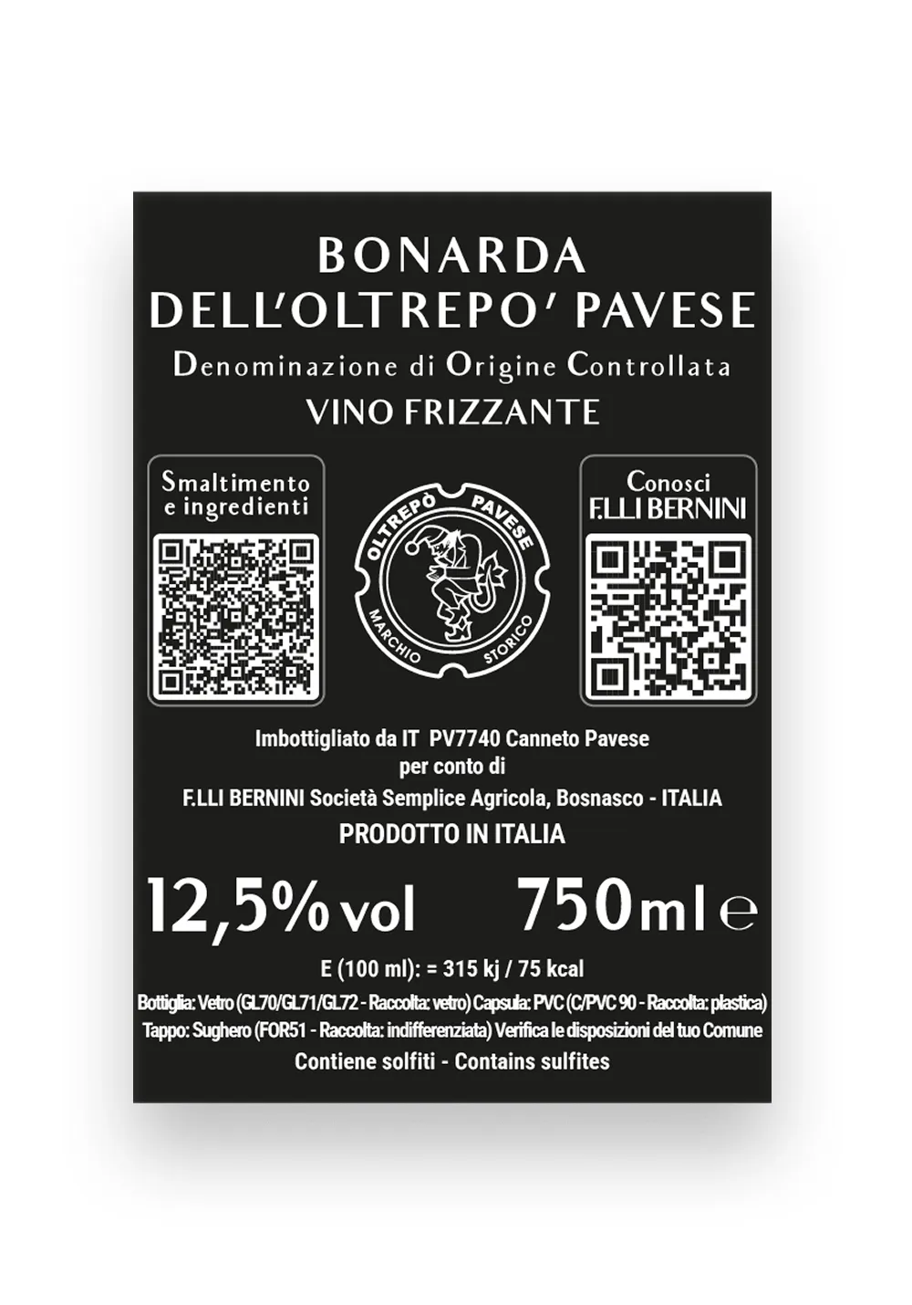 Il retro dell'etichetta Lupa con denominazione, annata, imbottigliatore, gradazione, solfiti, lotto e QR code